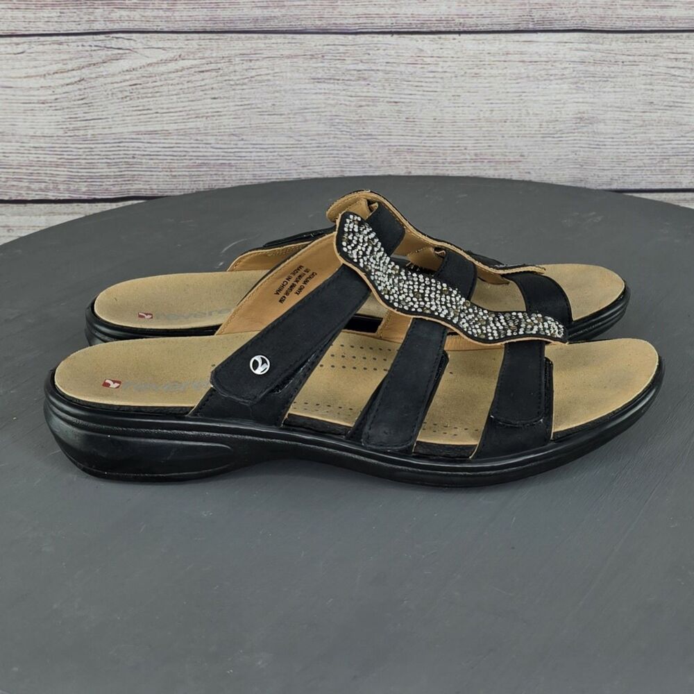 Revere Woman Catalina Leather Sandals Black Rhinestones Slip On Slides Size 11 - Picture 4 of 8
